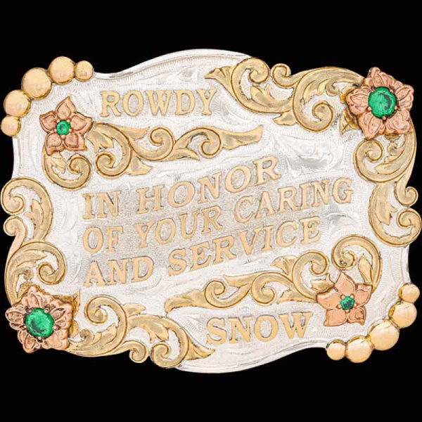 The Amarillo Custom Belt Buckle is a beautiful silver buckle with bronze scrollwork perfect for only lettering.  Personalize this women's buckle design today!
